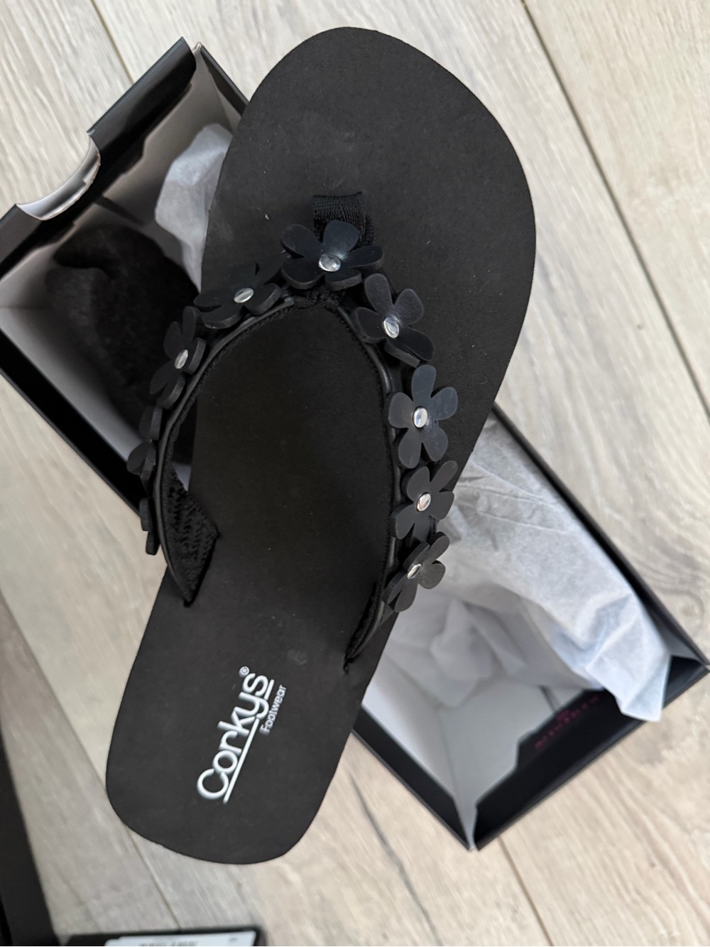 Corkys No Running Black Floral Thong Sandals with Jewel Accents